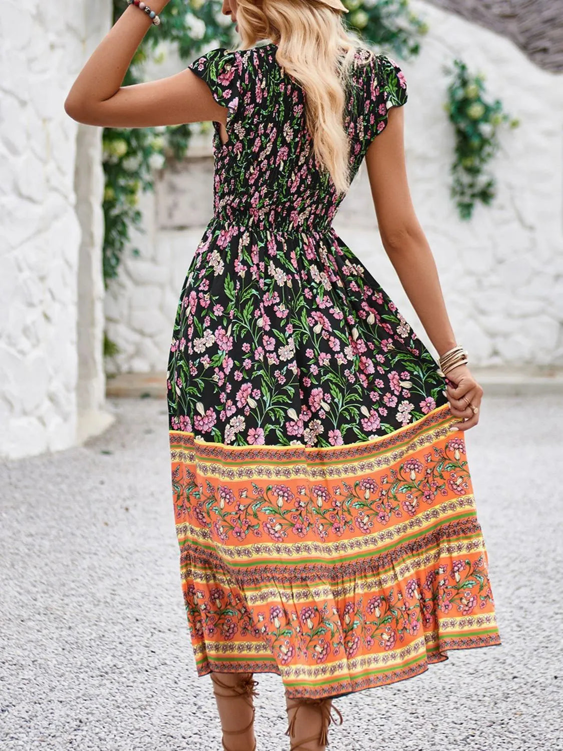 Printed Round Neck Cap Sleeve Dress (12)
