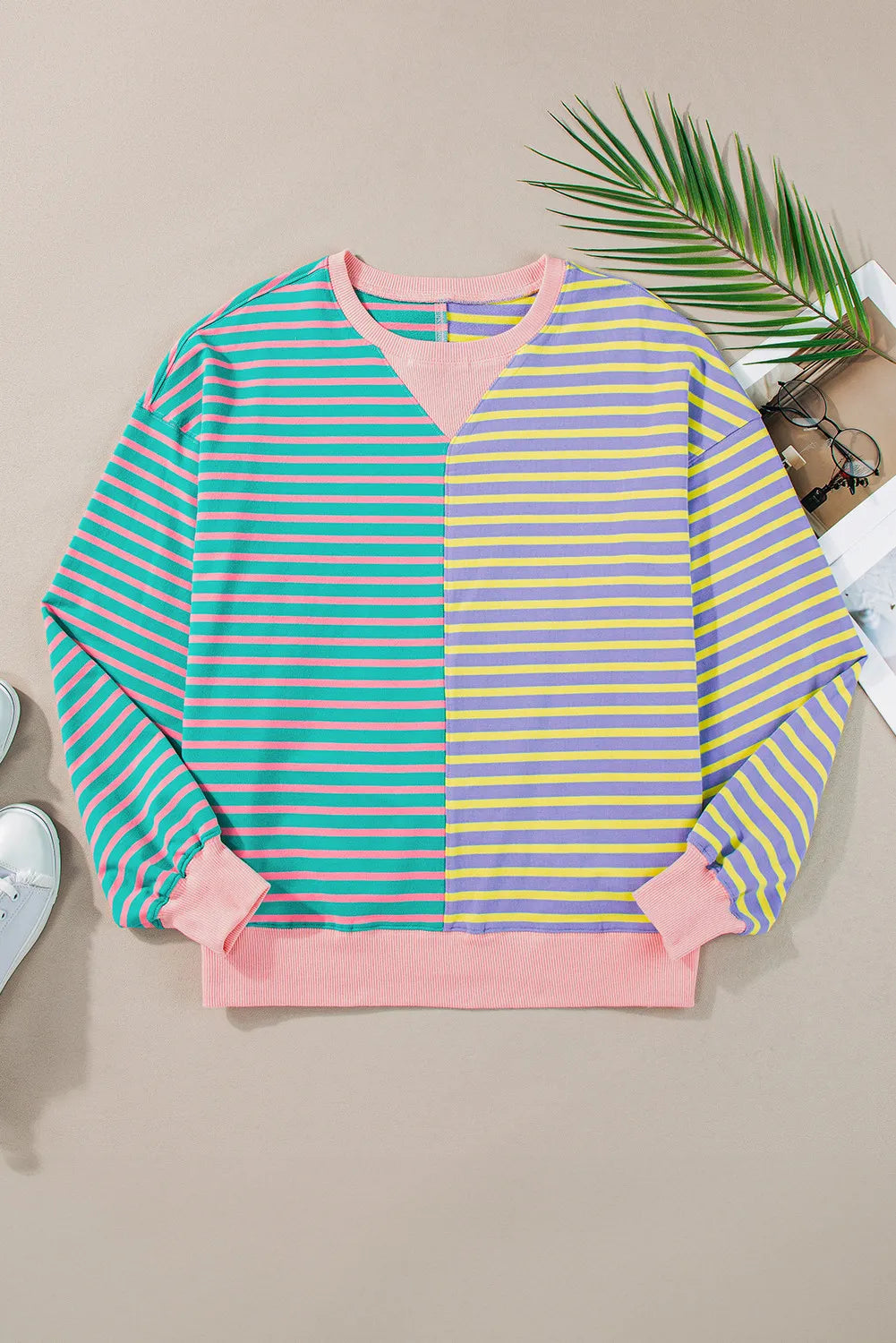 Contrast Stripes Round Neck Long Sleeve Sweatshirt (6)