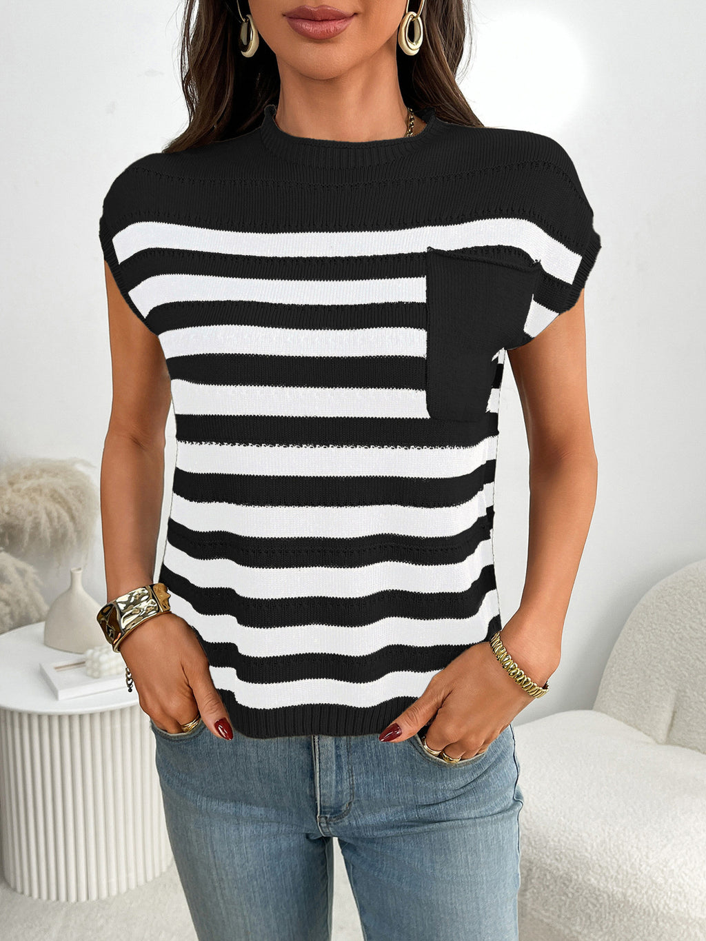 Striped Knit Pocket Detail Cap Sleeve Sweater (8)