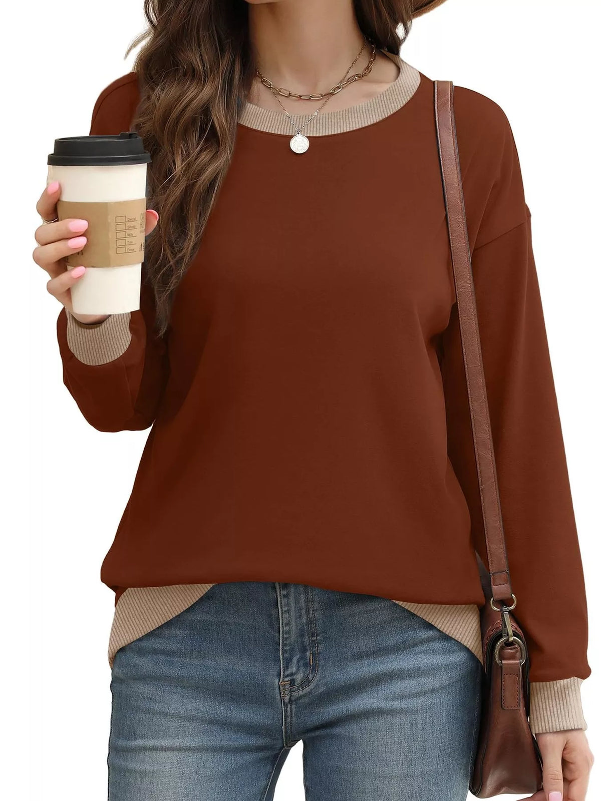 Contrast Trim Crew Neck Casual Sweatshirt (6)