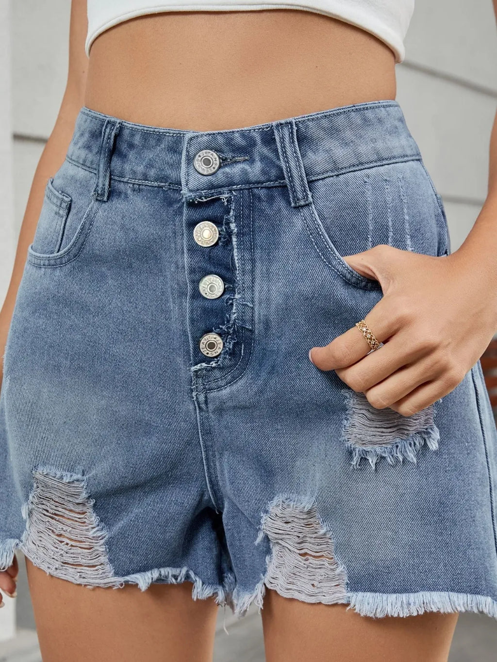 Distressed Raw Hem Denim Shorts (8)