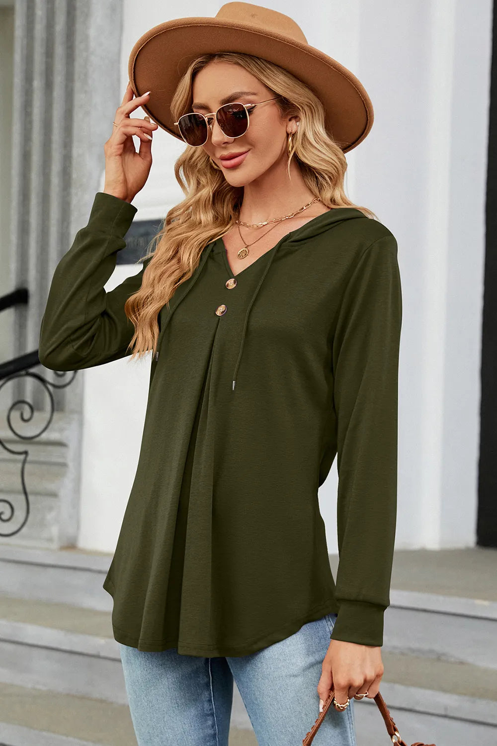 Decorative Button Drawstring Long Sleeve Hoodie (14)
