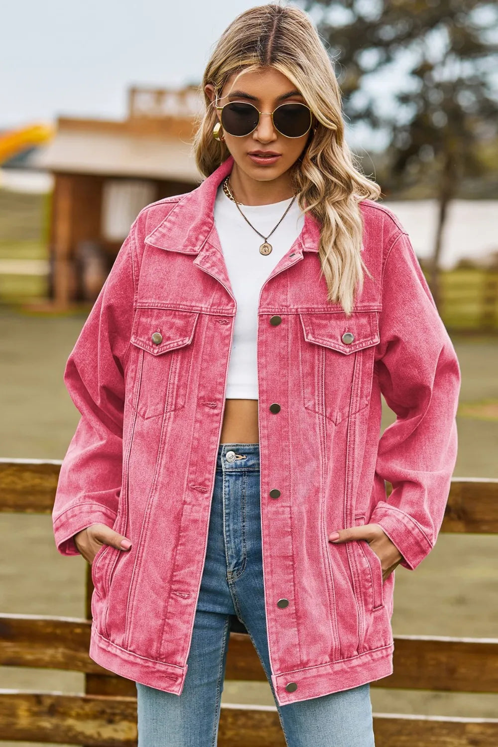 Buttoned Collared Neck Denim Jacket Pockets (11)