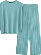 Casual Solid Color Cap Sleeve Top Pants Knit Set (12)