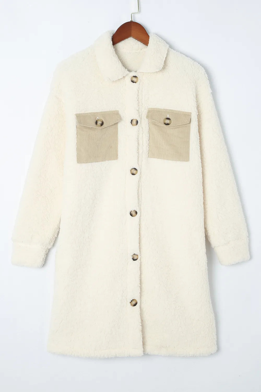 Collared Neck Long Sleeve Longline Teddy Jacket (4)