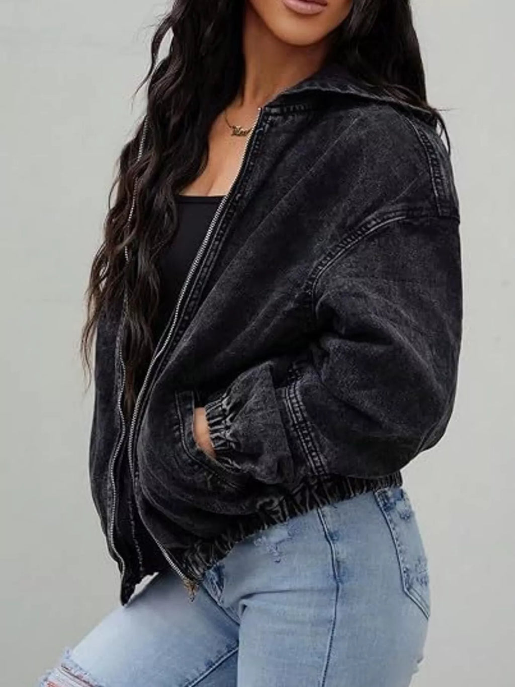 Vintage Washed Zip Up Hooded Denim Jacket (2)