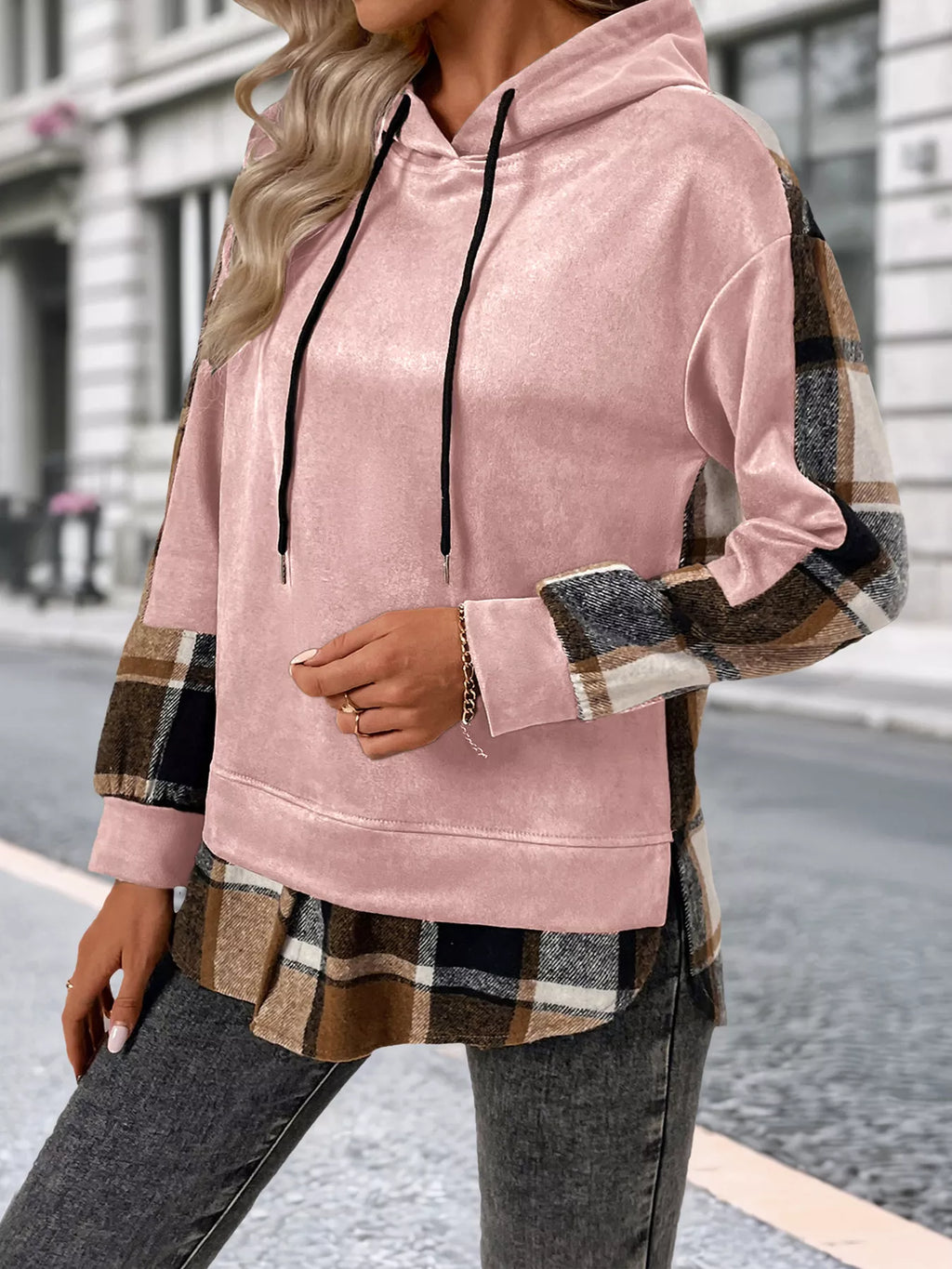 Plaid Drawstring Long Sleeve Hoodie (16)