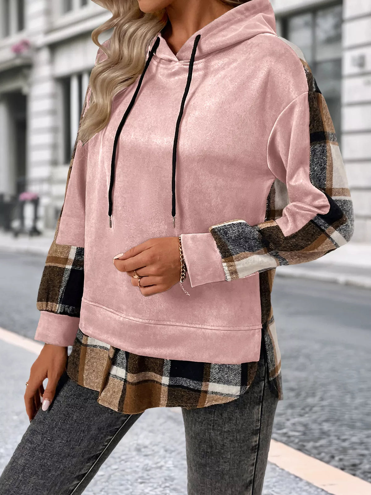 Plaid Drawstring Long Sleeve Hoodie (16)
