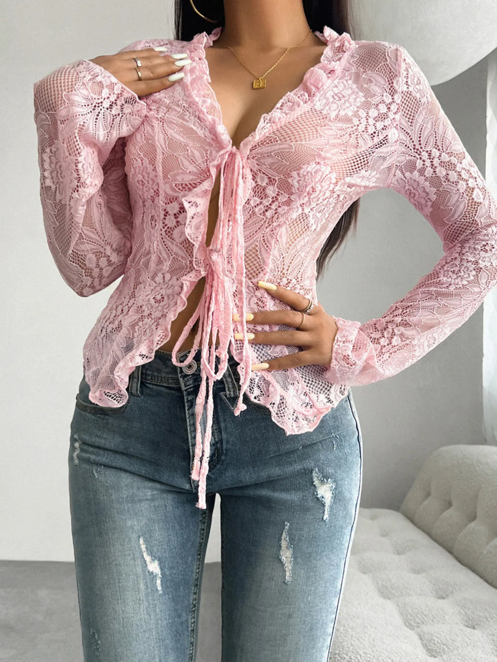 Tie Front Long Sleeve Lace Top