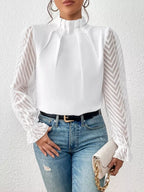 Mock Neck Sheer Lace Sleeve Blouse (4)