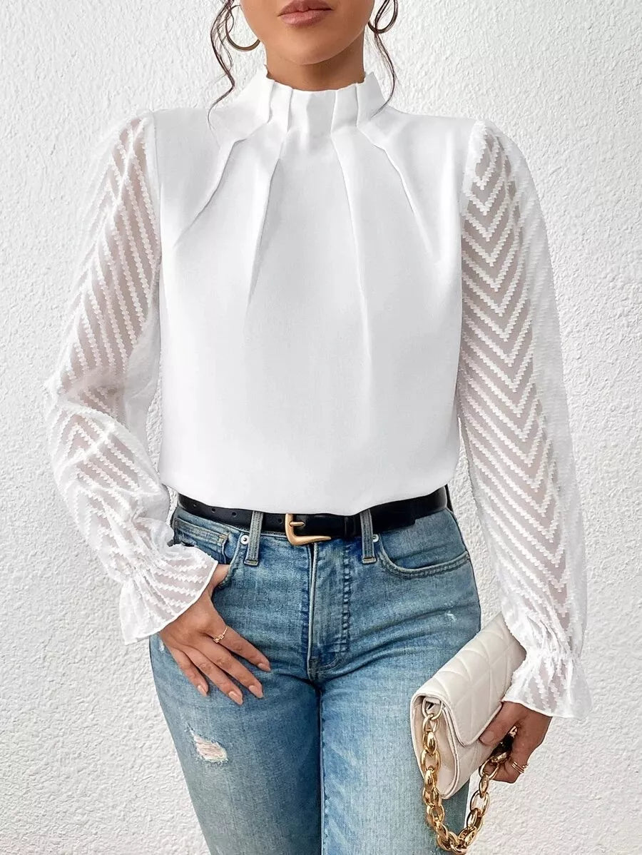 Mock Neck Sheer Lace Sleeve Blouse (4)