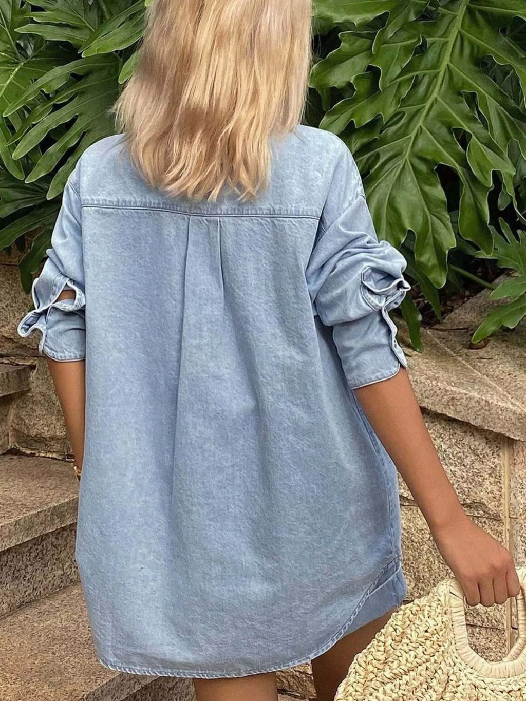 Button Up Long Sleeve Shirt Shorts Denim Set (8)