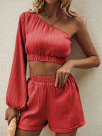 One Shoulder Long Sleeve Top Shorts Set (28)