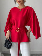 Round Neck Belt Batwing Sleeve Blouse