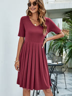 Pleated V-neck Short Sleeve Tee Dress (3)