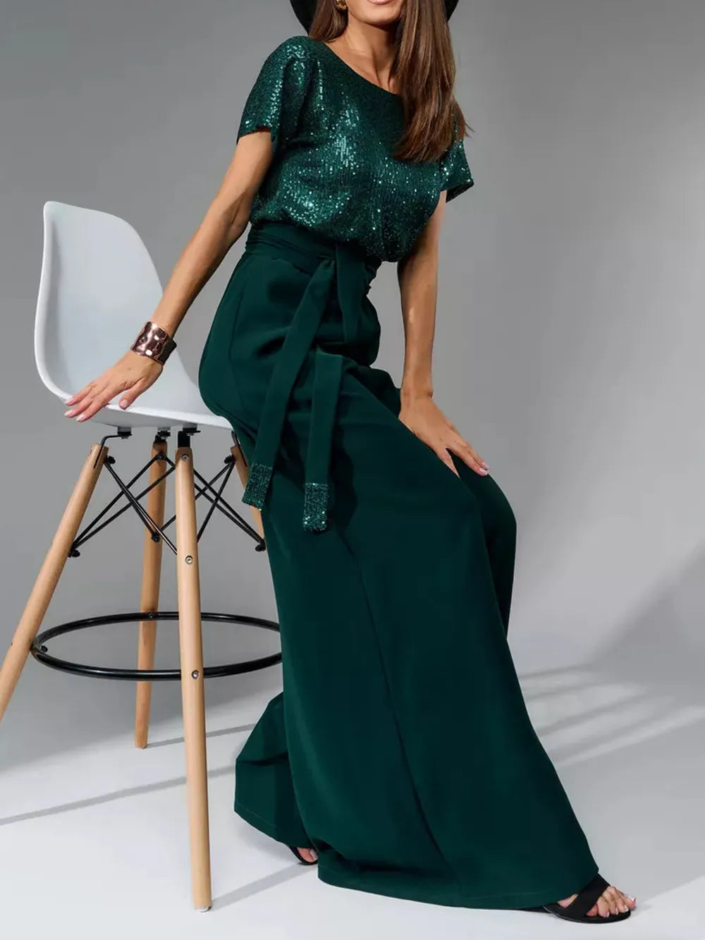 Full Size Sequin Round Neck Short Sleeve Wide Leg Jumpsuit (7)