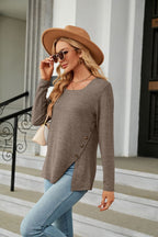 Square Neck Long Sleeve Slit T-shirt (11)