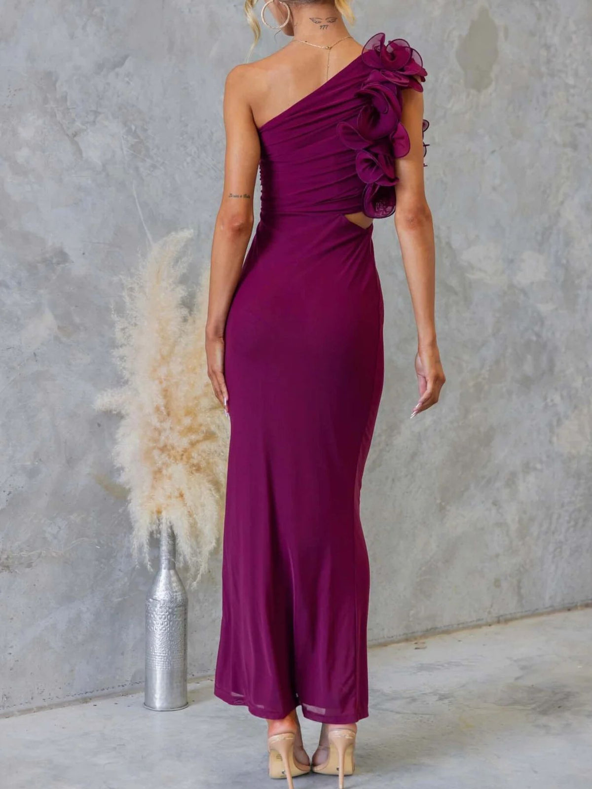 One-shoulder Floral Trim Sleeveless Maxi Dress (36)