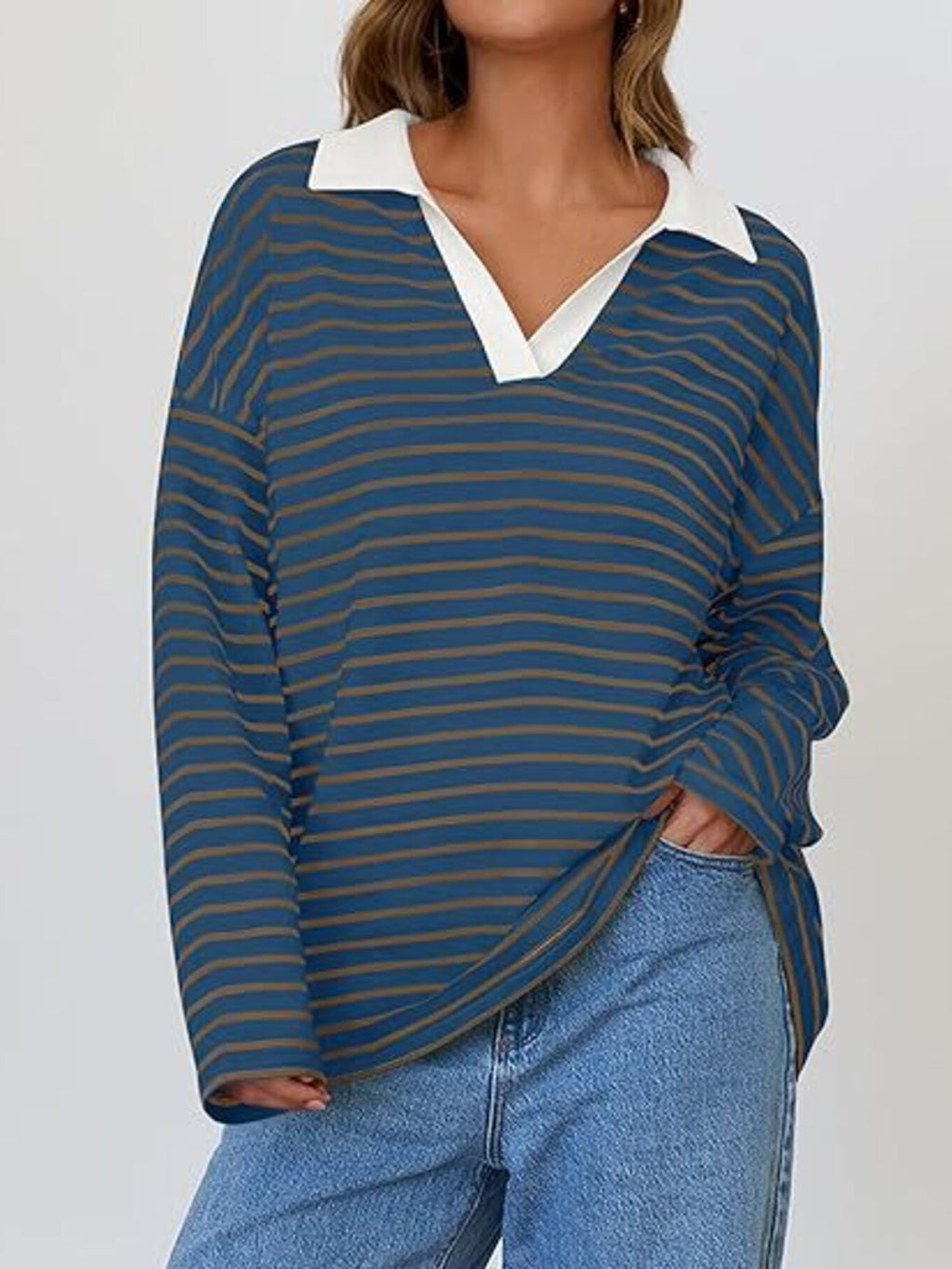 Striped Contrast Collar Long Sleeve Top (18)