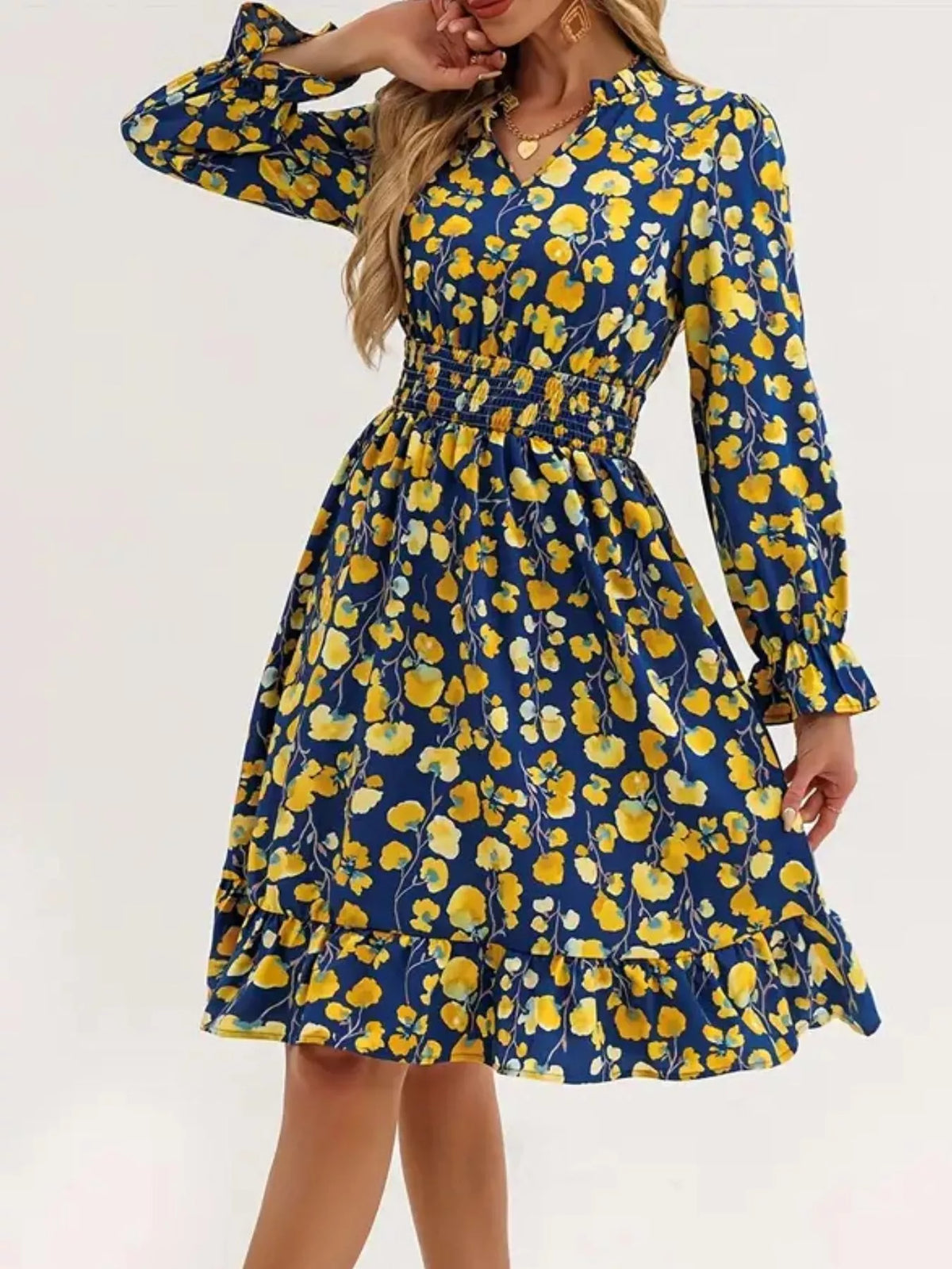 Floral Notched Flounce Sleeve Dress (18)