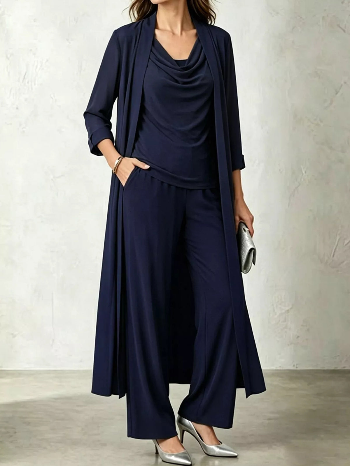Full Size Cowl Neck Top Cardigan Pants Set Plus (17)
