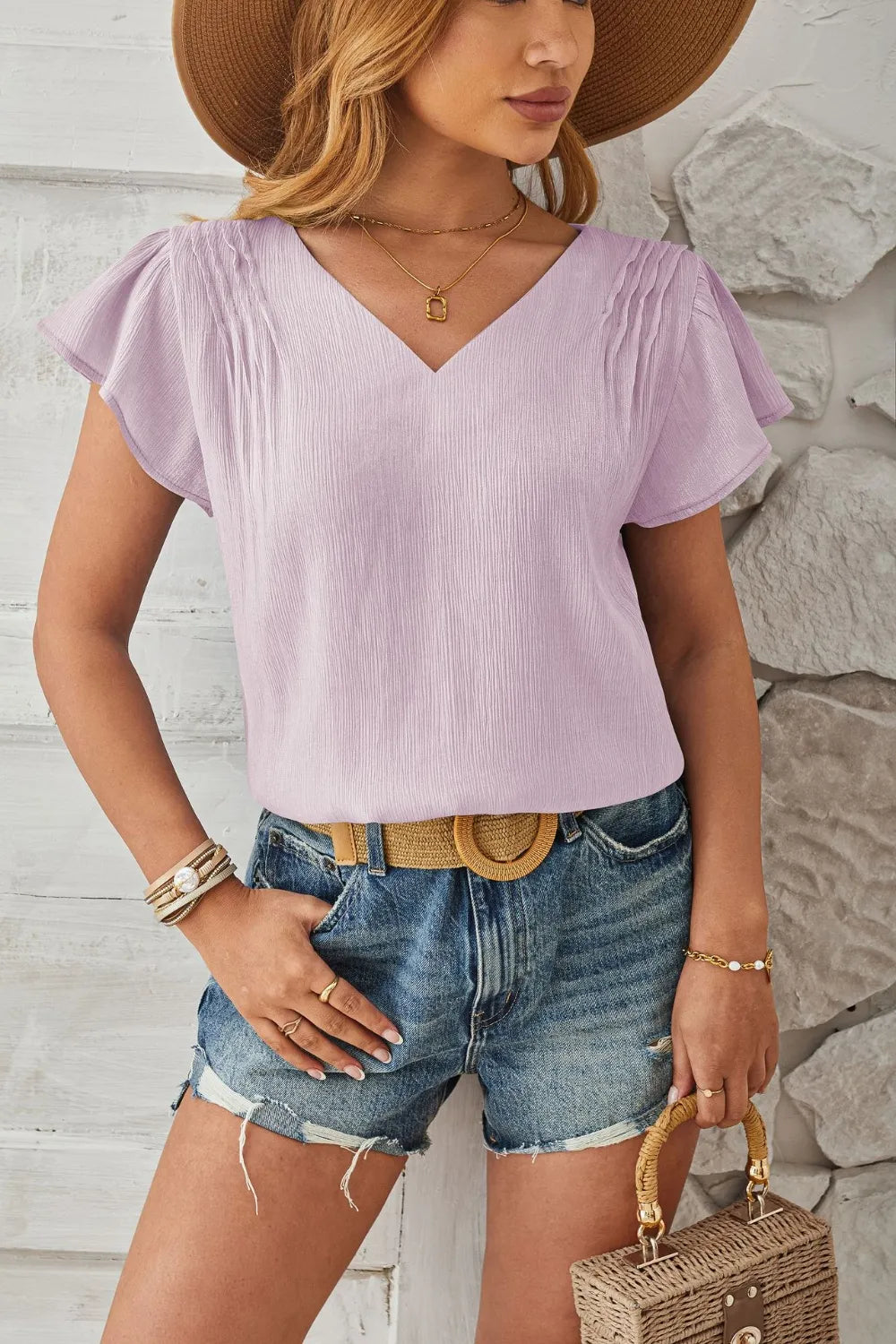 Ruched V-neck Flounce Sleeve Blouse (8)