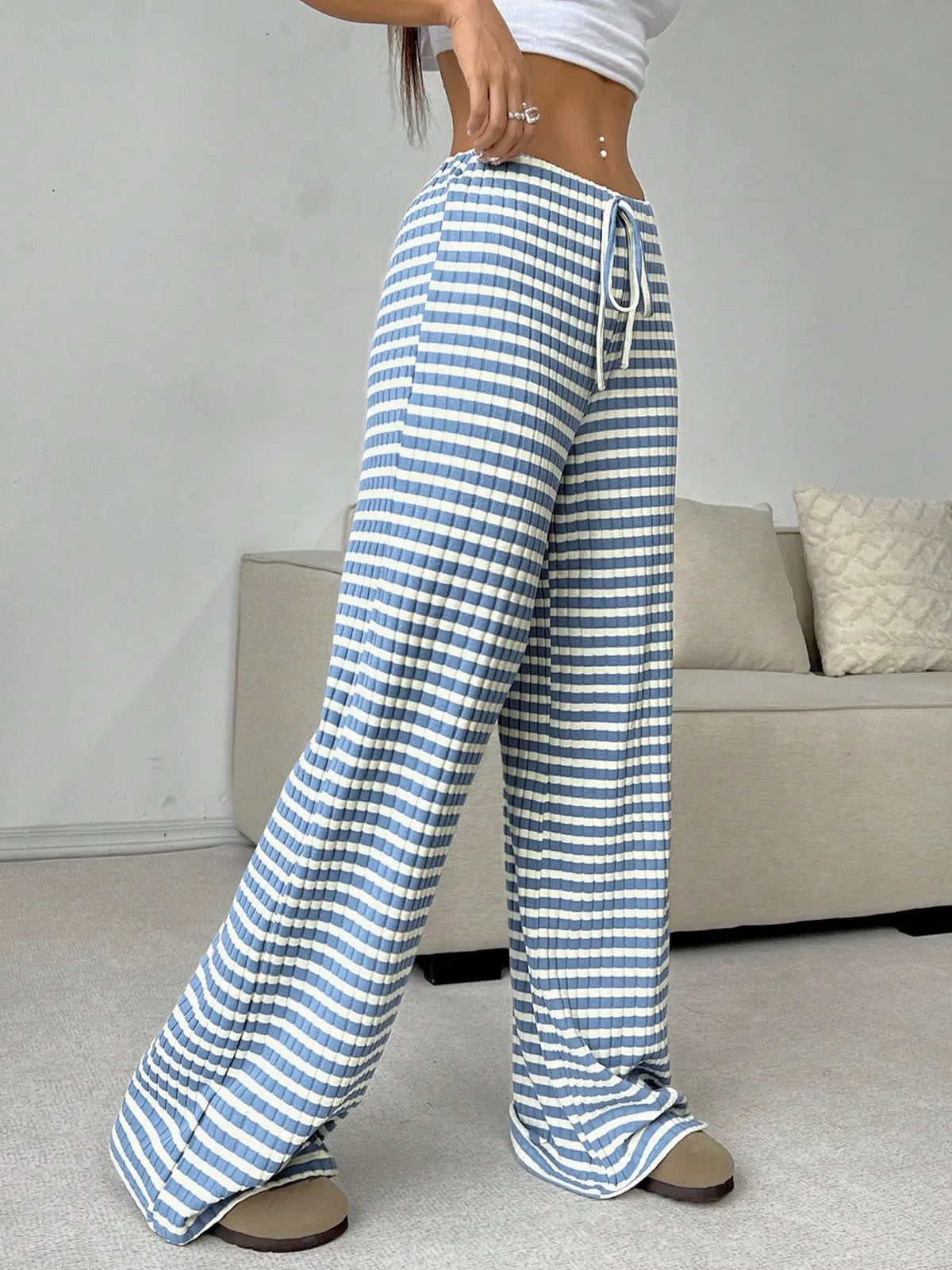 Striped Wide Leg Drawstring Pants (20)
