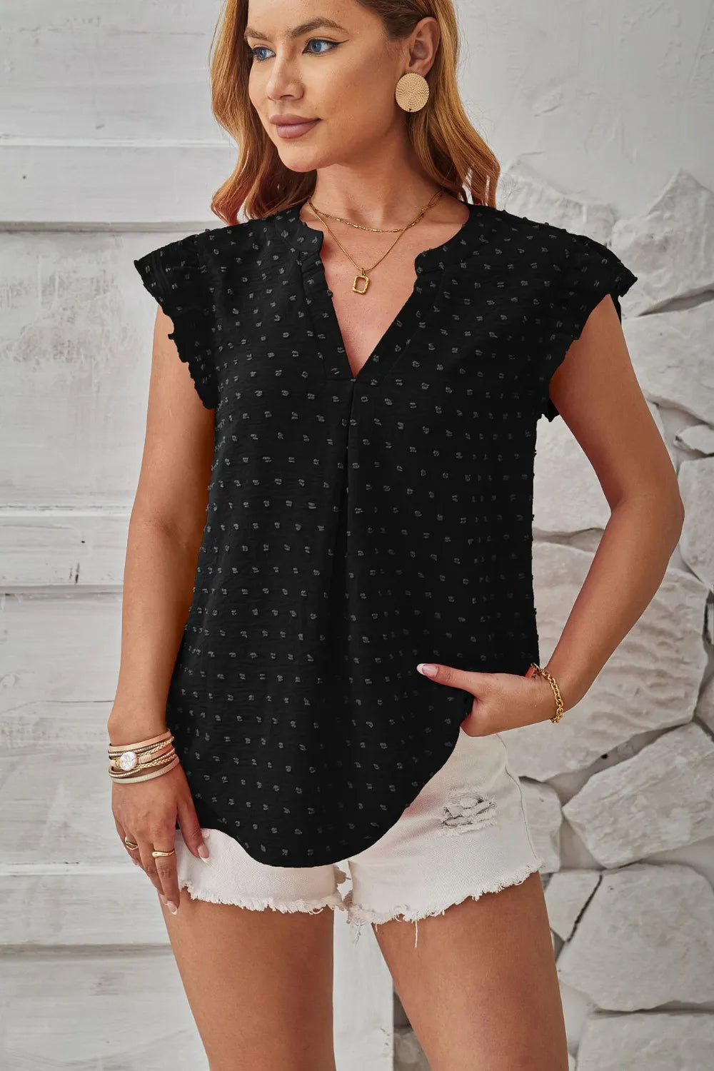 Swiss Dot Ruffled Cap Sleeve T-shirt (7)