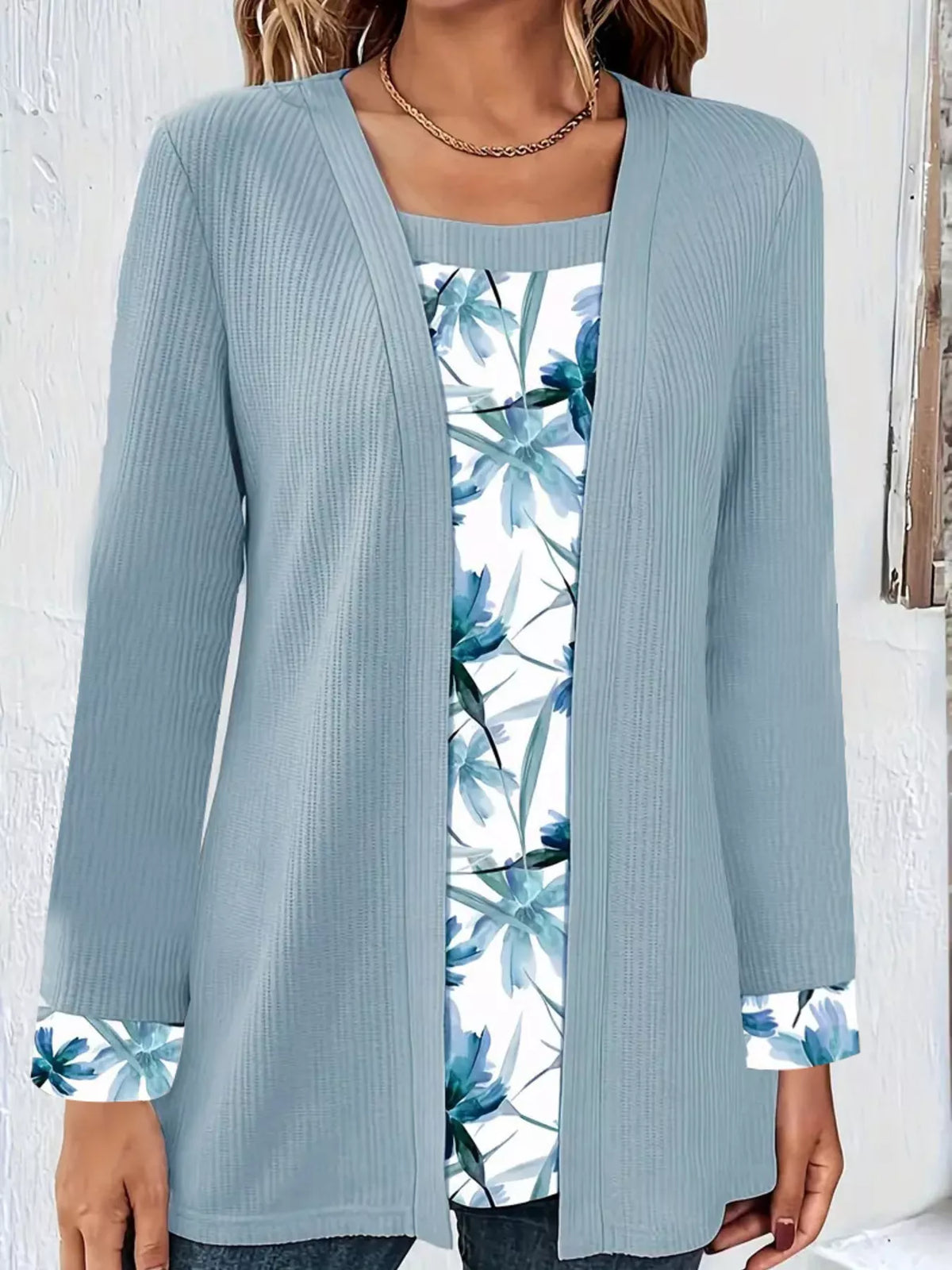 Floral Print Casual Fake Two Piece Top (7)