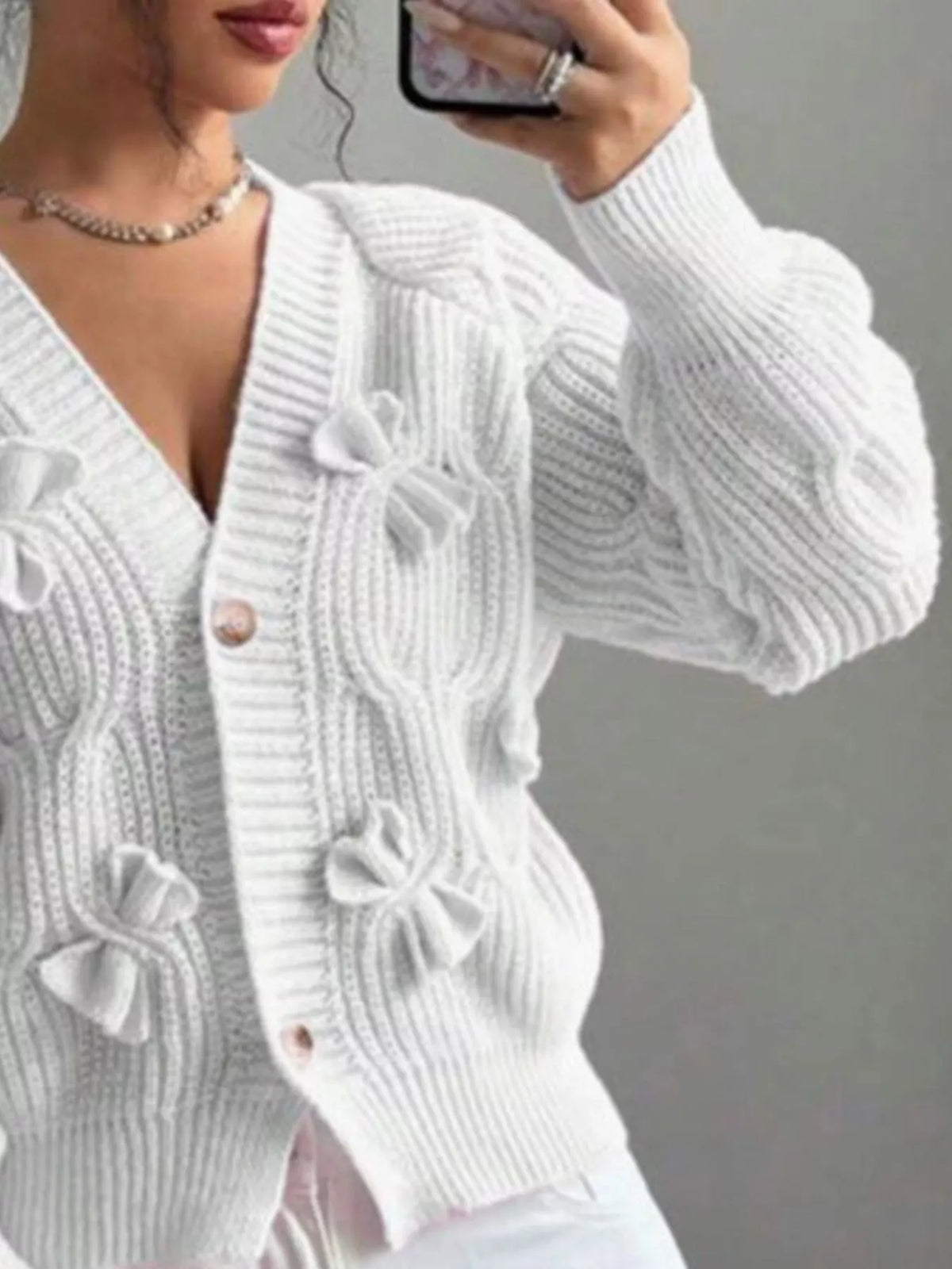 Bow Cable Knit V-neck Cardigan (16)
