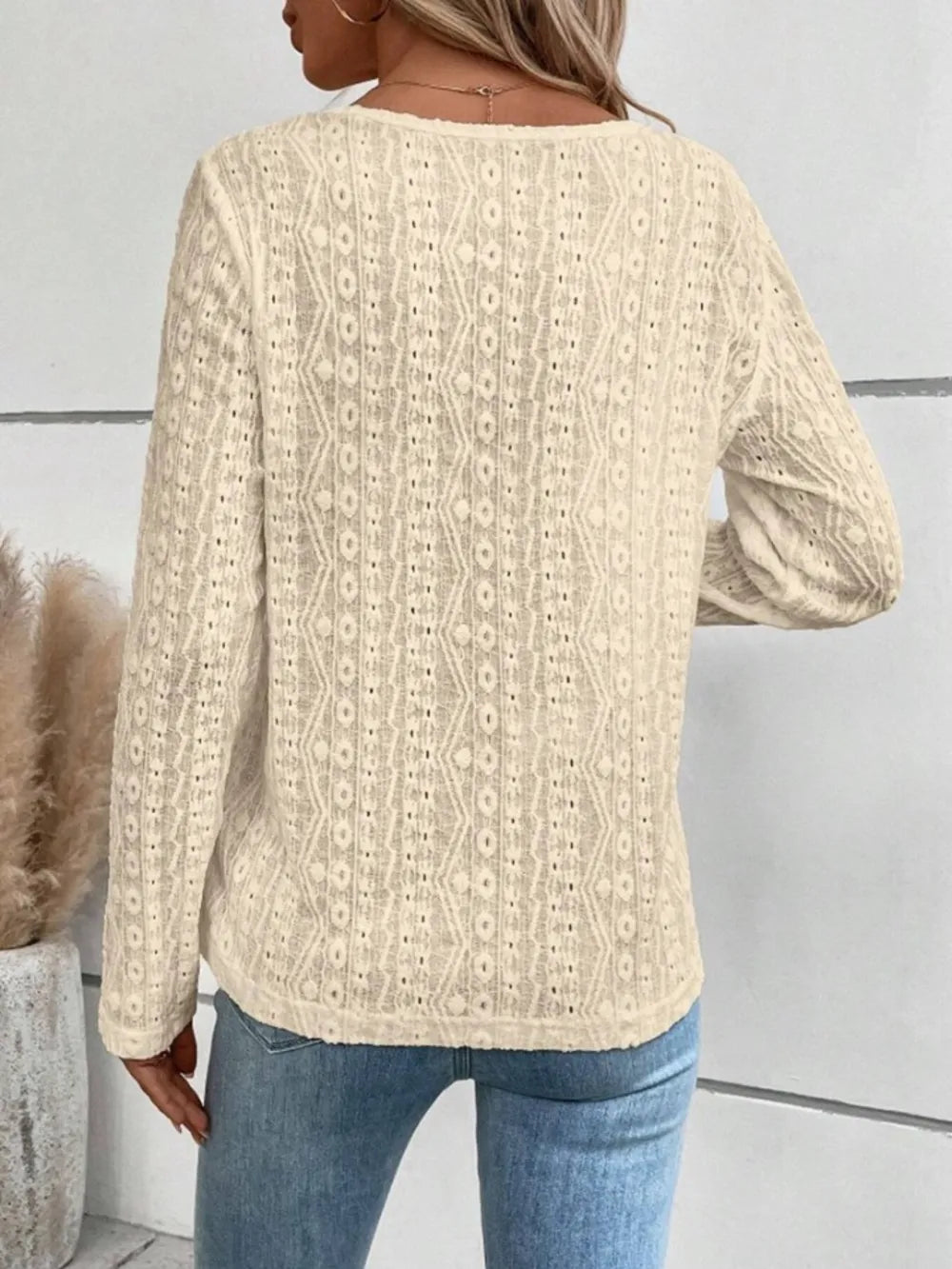 Openwork Half Button Long Sleeve Blouse (12)