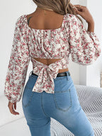 Floral Balloon Sleeve Square Neck Crop Blouse (2)
