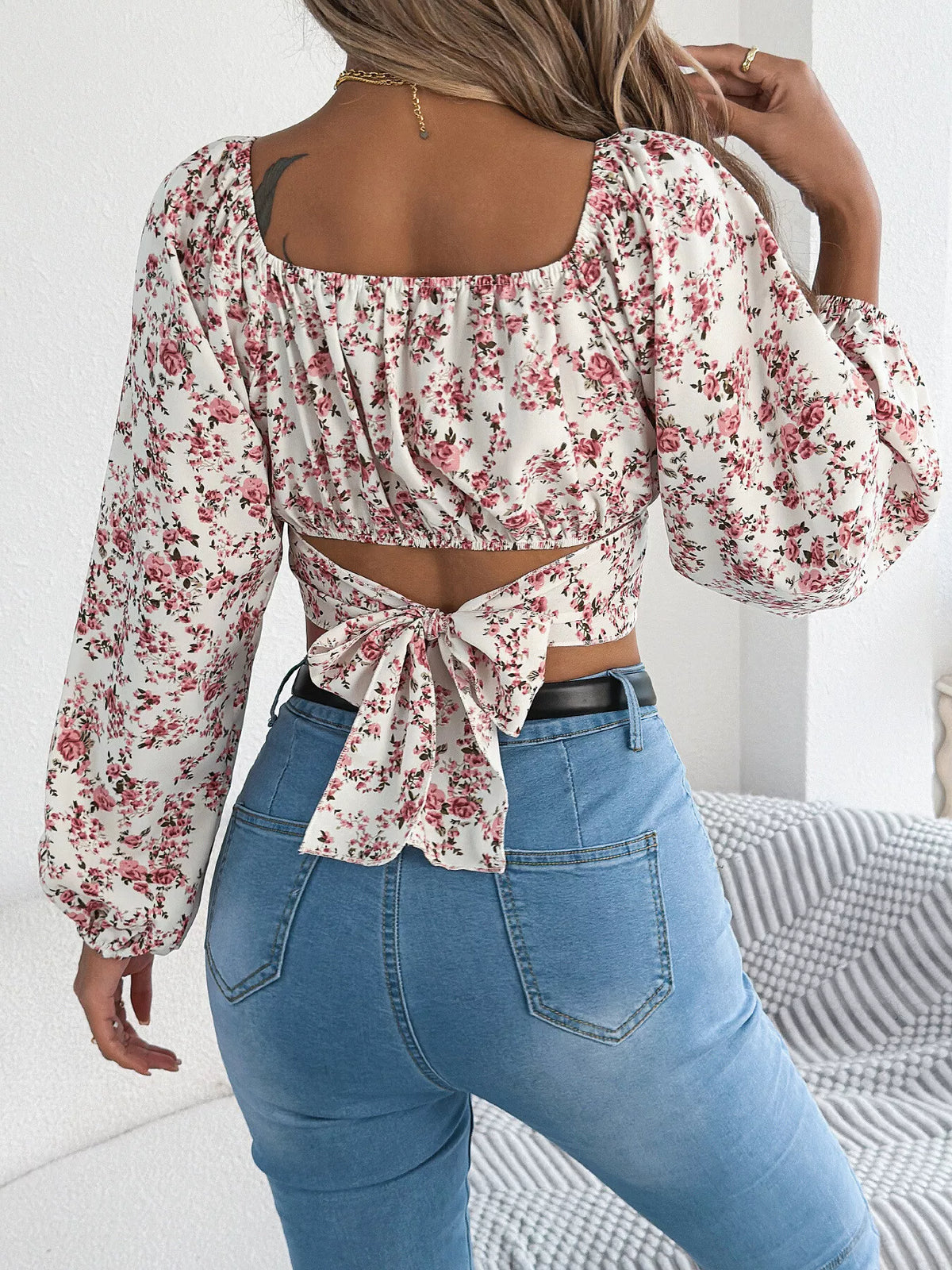 Floral Balloon Sleeve Square Neck Crop Blouse (2)