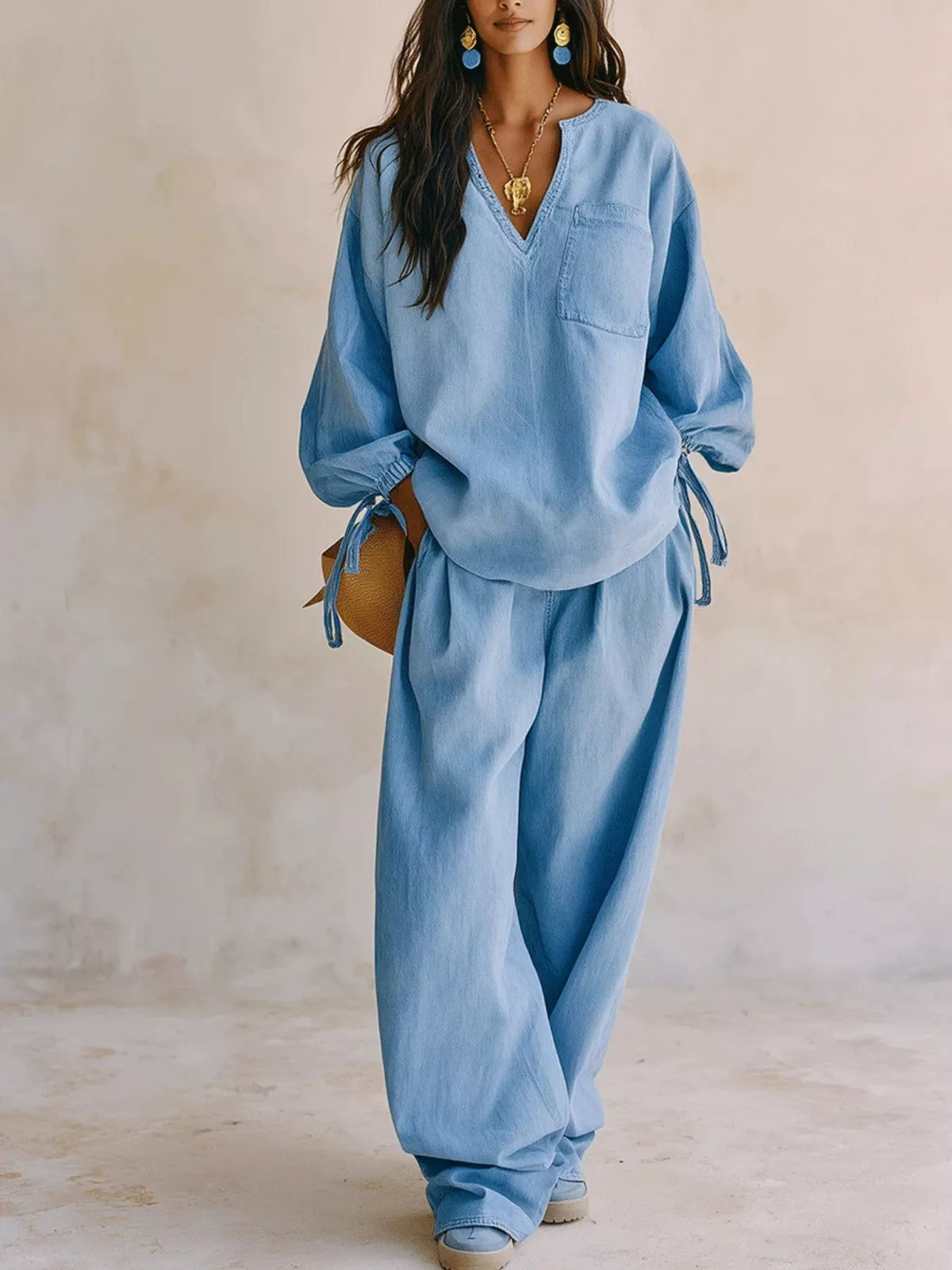 Relaxed Fit Drawstring Sleeve Detail Top Pants Denim Set