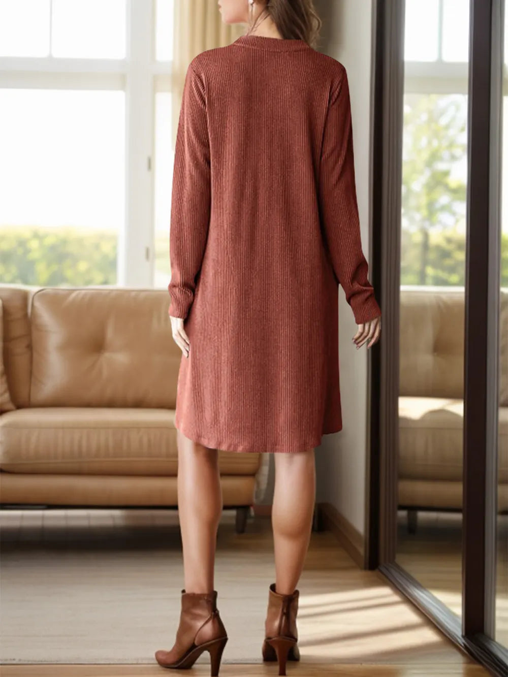 Notched Long Sleeve Mini Dress Pockets (3)
