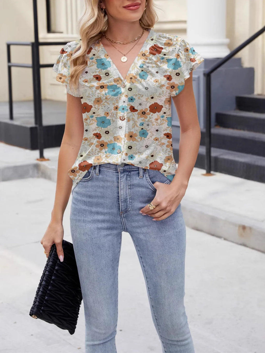 Floral Print V-neck Cap Sleeve Casual Summer Blouse (5)