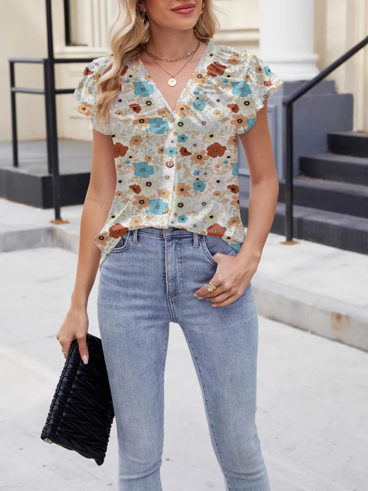 Floral Print V-neck Cap Sleeve Casual Summer Blouse (5)