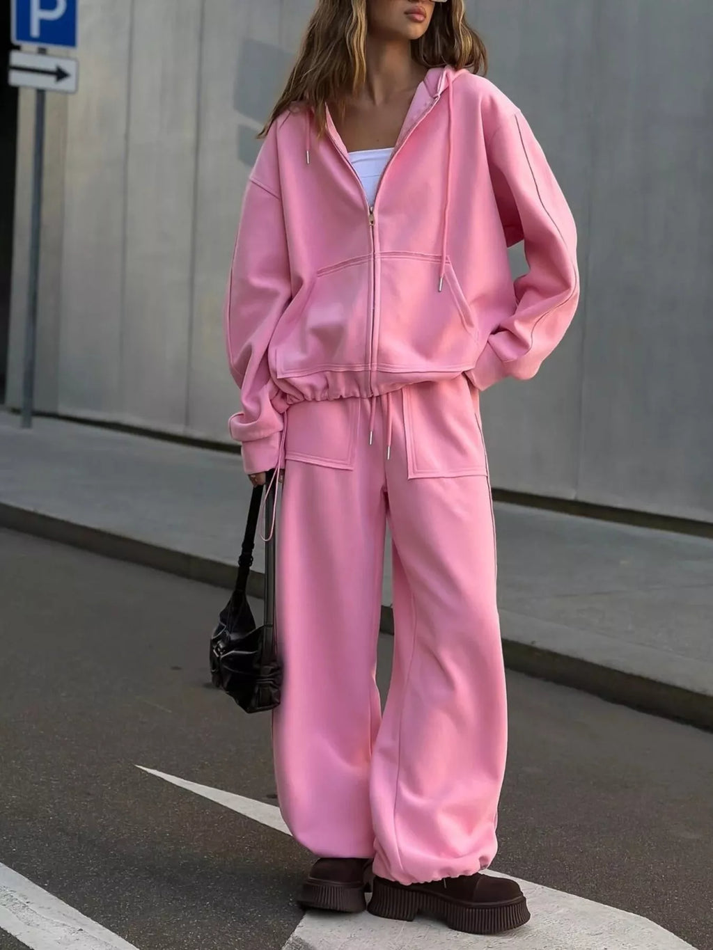 Oversized Zip-up Hoodie Wide-leg Pants Set (20)
