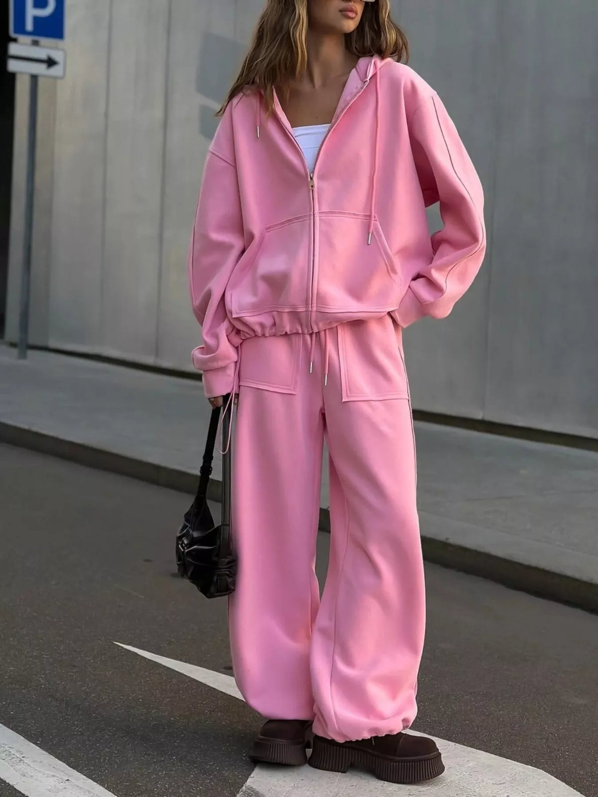 Oversized Zip-up Hoodie Wide-leg Pants Set (20)