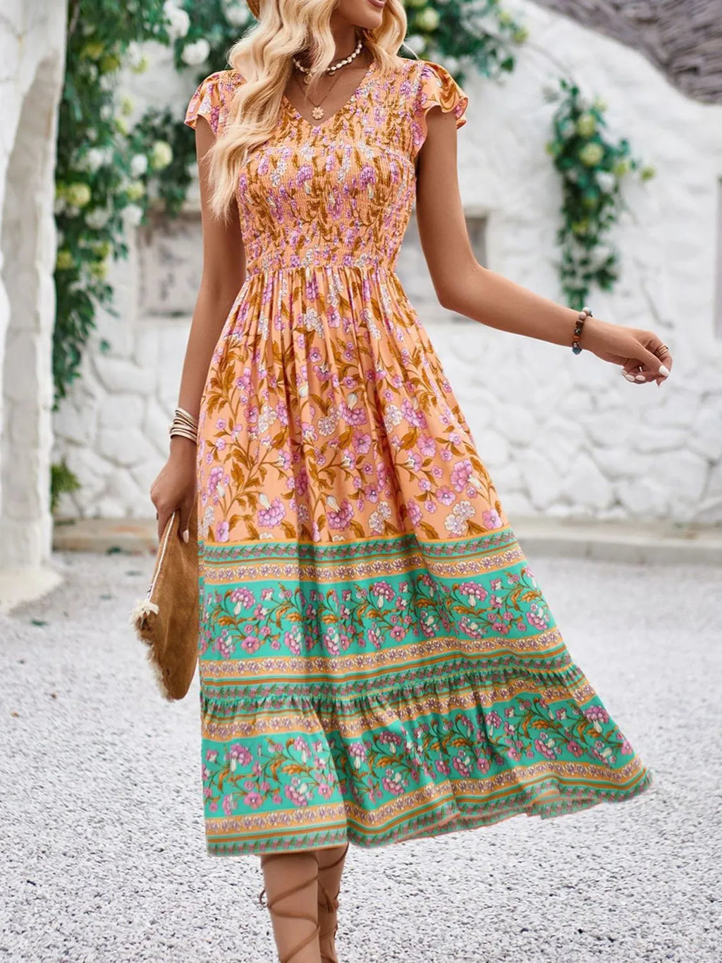 Printed Round Neck Cap Sleeve Dress (8)