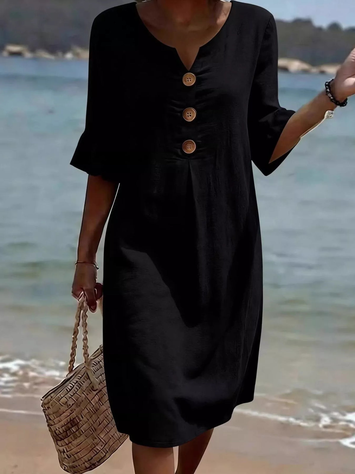 Full Size Button Decor Ruffle Sleeve Midi Dress Plus (3)