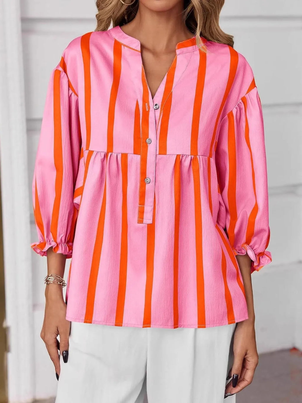 Striped Button Front Notched Blouse (14)