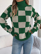 Checkered Turtleneck Long Sleeve Sweater (6)