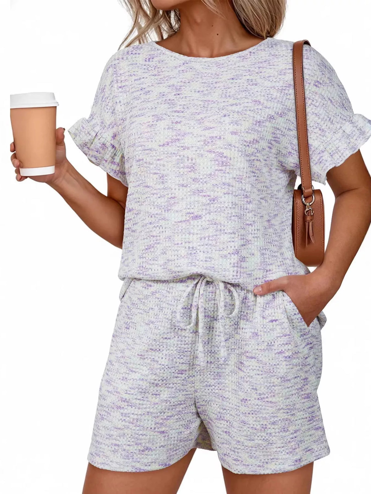 Ruffle Sleeve Textured Top Shorts Set (27)