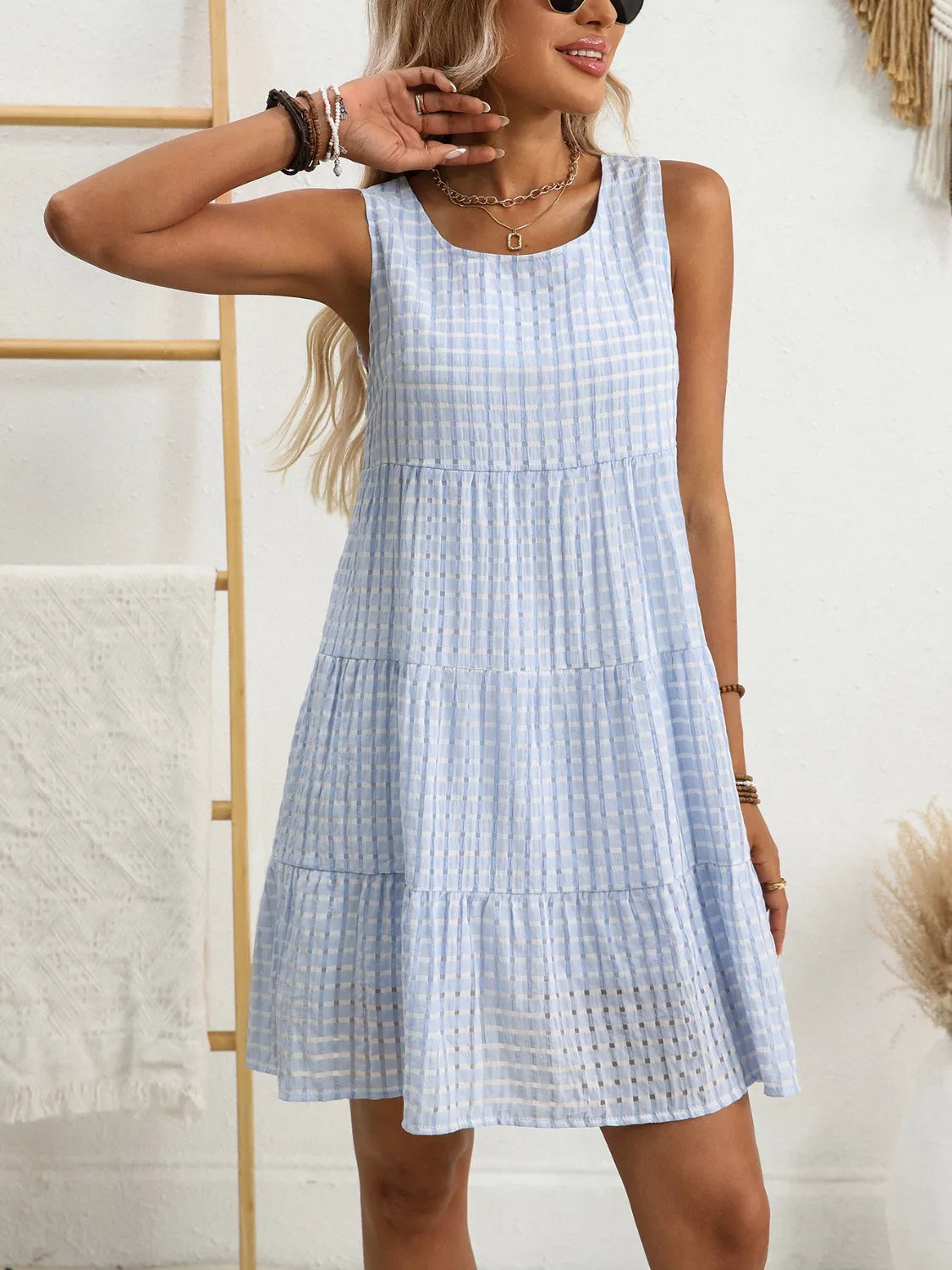 Plaid Round Neck Sleeveless Mini Dress (2)
