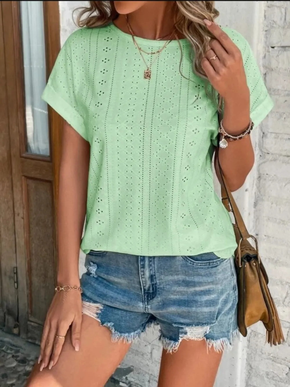 Eyelet Round Neck Short Sleeve T-shirt (21)