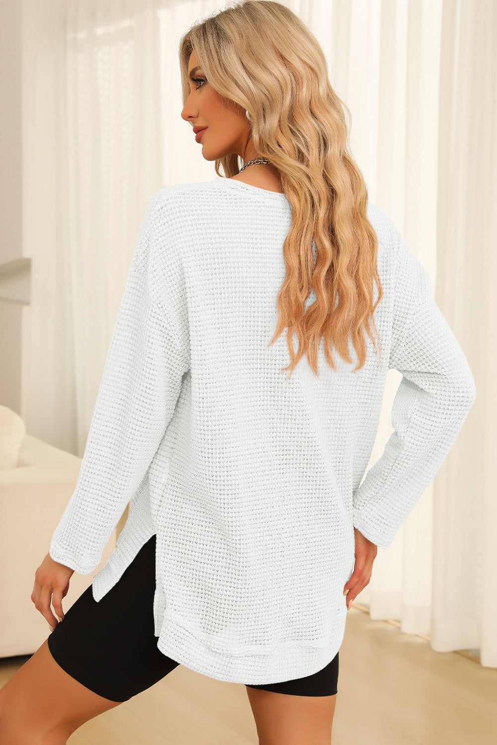 Waffle-knit Round Neck Long Sleeve Sweatshirt (12)