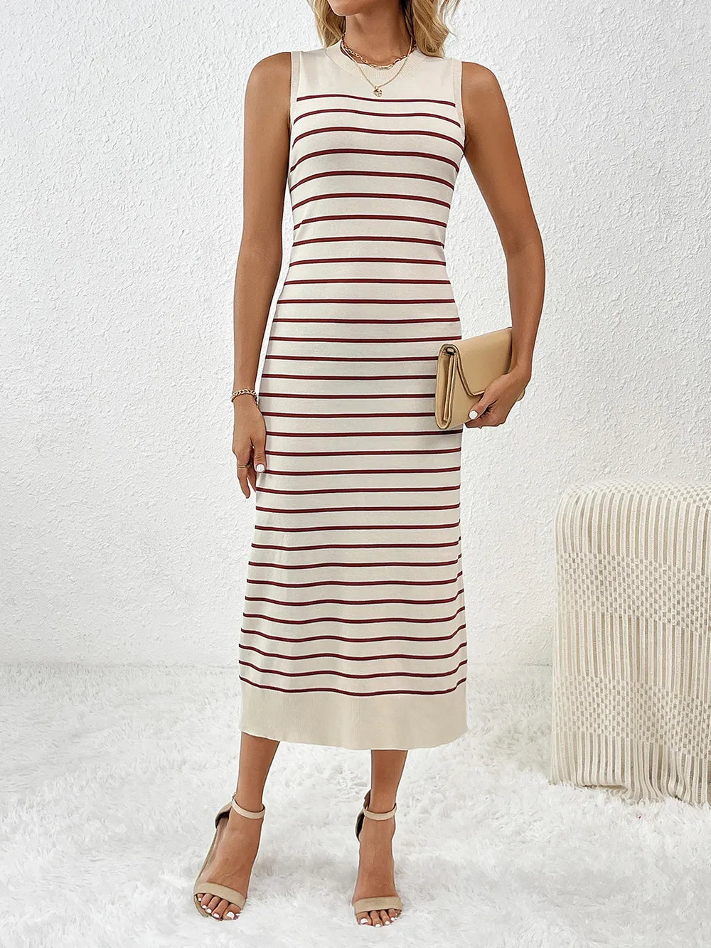 Round Neck Sleeve Midi Knit Dress (6)