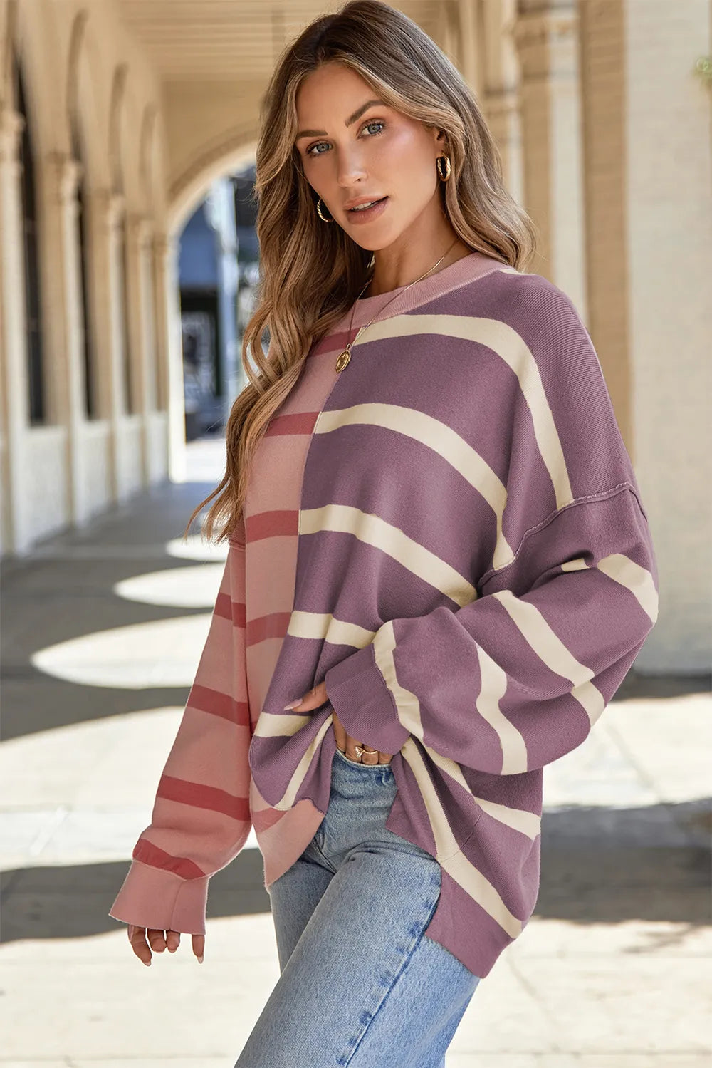 Striped Round Neck Long Sleeve Knit Top (4)