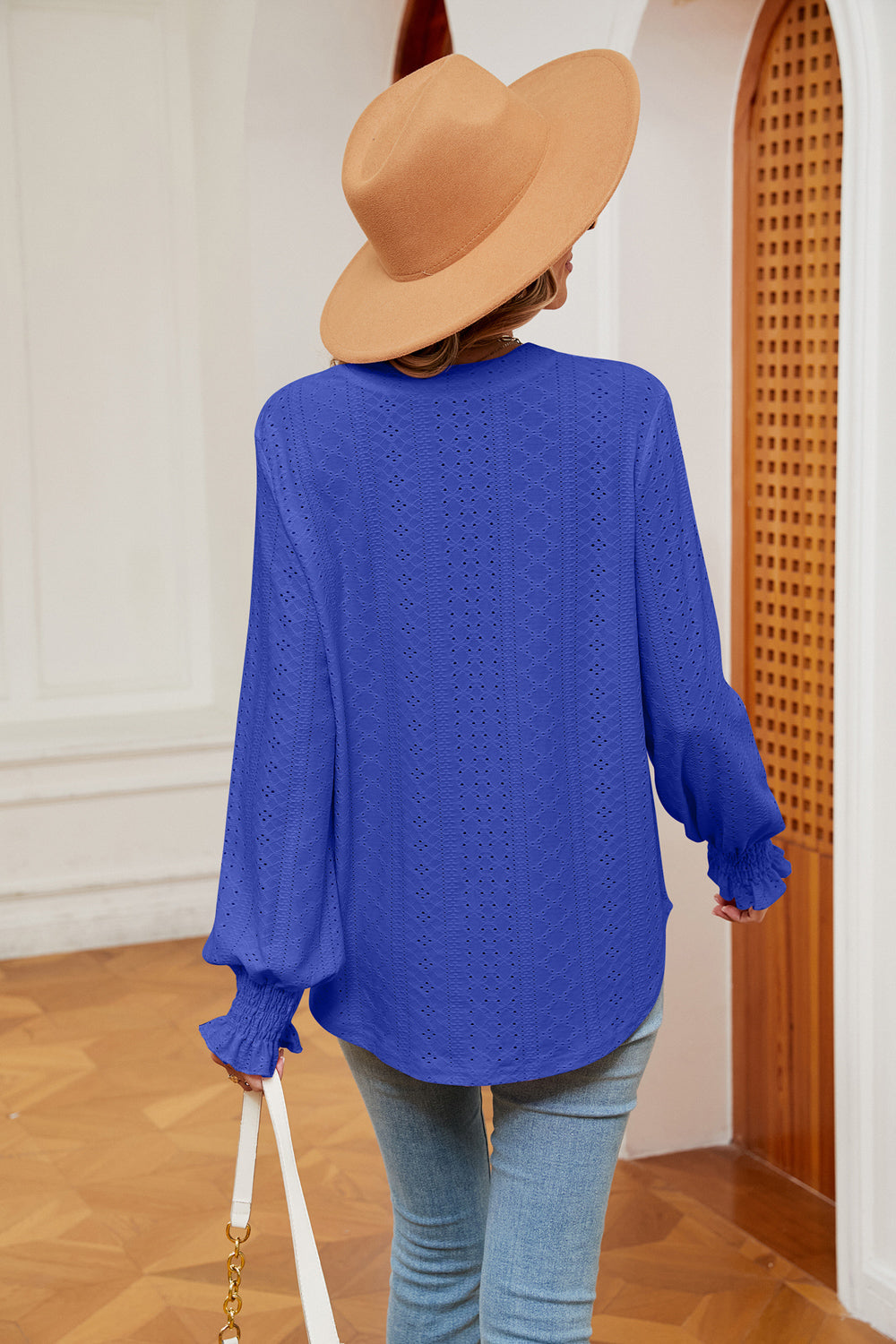Notched Neck Flounce Sleeve Blouse (2)